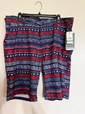 Tribal Red and Navy Geometric Star-Print Flat Front Men's Shorts